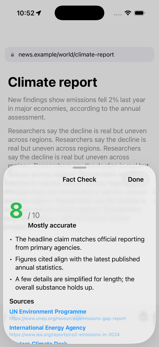 Hopper fact-check sheet on a phone: score 8 out of 10, mostly accurate, with sources